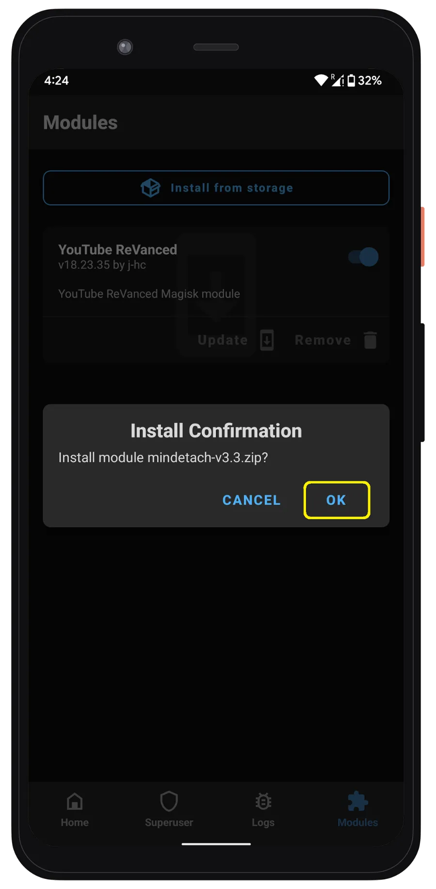 Cài đặt Mô-đun Magisk cải tiến của YouTube S8